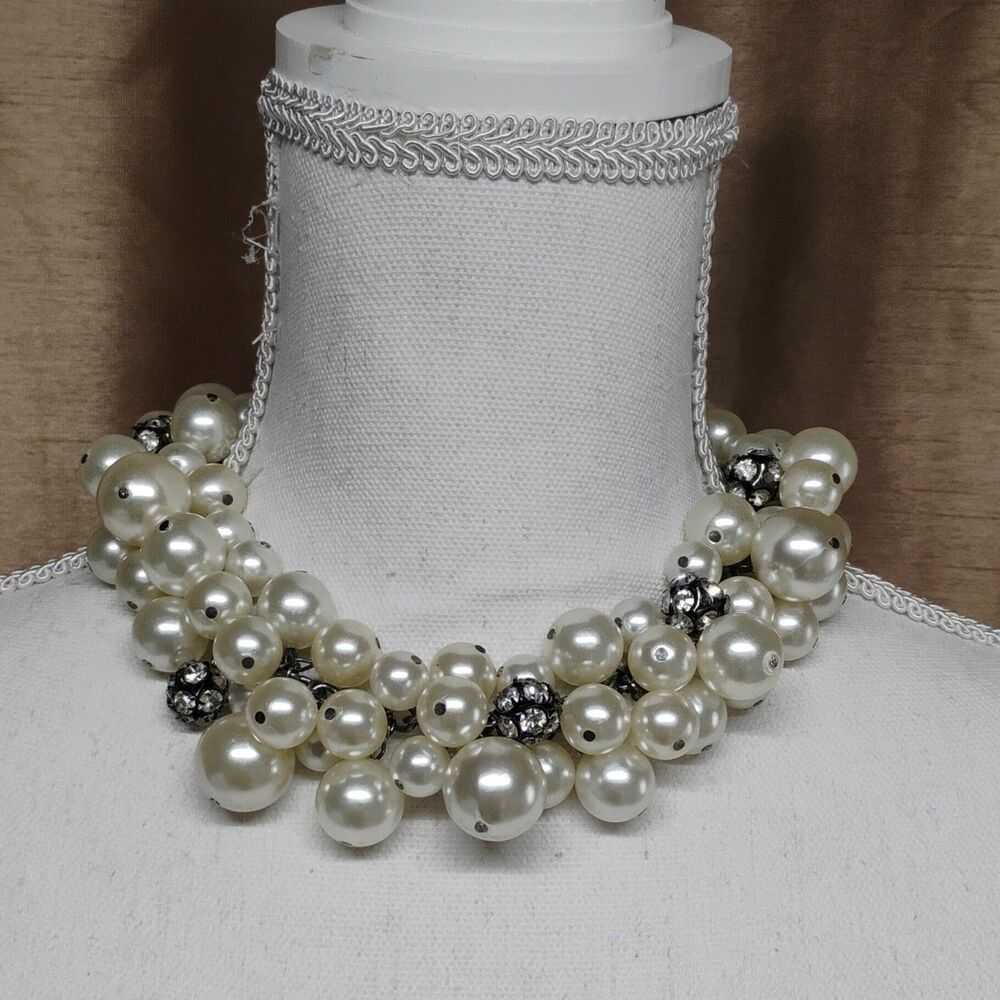 Statement Beaded Imitation Pearl & Rhinestone Necklace, Adjustable Cable Chain